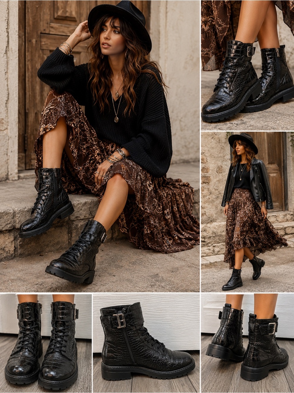 Black Croc Embossed Combat Boots Buckle Lace Up Ankle Boots Size 10 - Picture 12 of 12